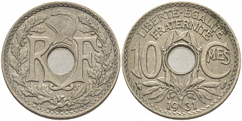 ФРАНЦИЯ 10 САНТИМОВ 1931 ТИП ЛИНДАЙЁ KM 866а, LE FRANC 138.18 медно-никель 4448-226