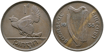 Ирландия 1 пенни 1933 курица с цыплятами KM 3 бронза 08-812