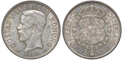 Швеция 2 кроны 1937 G, Густав V (1907-1950) KM 787 серебро 4178-1332