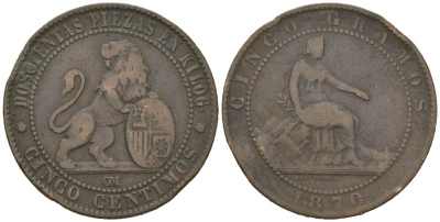 Испания 5 сентимо 1870 ОМ, лев со щитом KM 662 бронза 92-1026