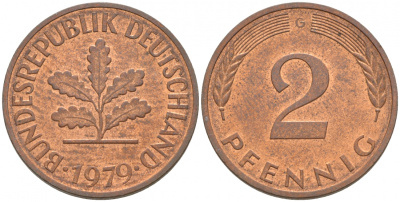 ФРГ 2 ПФЕННИГА 1979 G KM 106a, J.381a сталь плакированная сталь плакированная медьюю 44-138