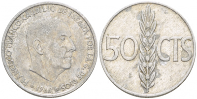 ИСПАНИЯ 50 СЕНТИМО 1966 (67) ФРАНСИСКО ФРАНКО ДИКТАТОР ИСПАНИИ (1939-1975) KM 795 алюминий 3718-332