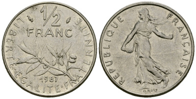 Франция 1/2 франка 1987 сеятель KM 931 никель 4135-734