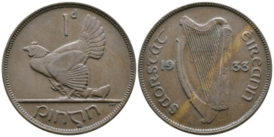 Ирландия 1 пенни 1933 курица с цыплятами KM 3 бронза 08-812