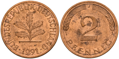 ФРГ 2 пфеннига 1991 J J.381a, KM 106a сталь плакированная медью    4598-931