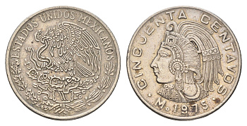 Мексика 50 сентаво 1975 Куаутемок, последний правитель империи ацтеков KM 452 медно-никель 4663-1017