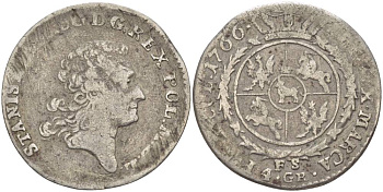 Польша 4 гроша (1 злотый) 1766 FS, Станислав II Август Понятовский (1764-1794), вес 4,98 гр. KM 185 (С50.1), Gumowski 2372, Kopinski 405.1 серебро 1517-425), Gumowski 2372, Kopinski 405.1 серебро 1517-425