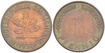 ФРГ 1 ПФЕННИГ 1950 J KM 105, J.380 сталь плакированная медью 3718-212