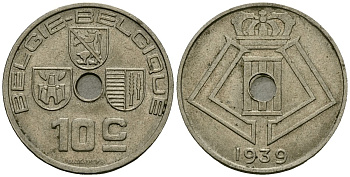 Бельгия 10 сантимов 1939 Belgie - Belgique KM 113 никель латунь 4121-637
