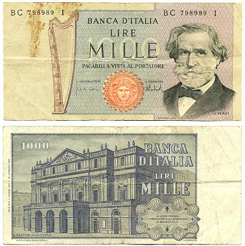 Италия 1000 лир 1975 Джузеппе Верди, Милин Ла Скала Pick 101d бумага 7484-17-2-2