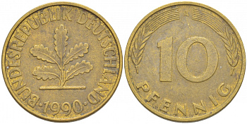 ФРГ 10 ПФЕННИГОВ 1990 A KM 108, J.383 сталь плакированная латунью 4539-1052