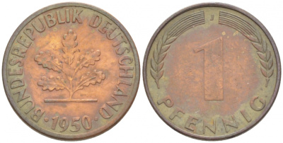 ФРГ 1 ПФЕННИГ 1950 J KM 105, J.380 сталь плакированная медью 3718-212