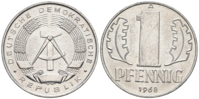 ГДР 1 пфенниг 1968 А KM 8.1 алюминий aUNC 4564-1022