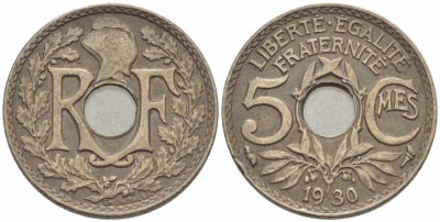 ФРАНЦИЯ 5 САНТИМОВ 1930 ТИП ЛИНДАЙЁ KM 875, LE FRANC 122.13 медно-никель 105-357