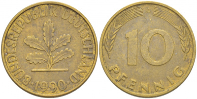 ФРГ 10 ПФЕННИГОВ 1990 A KM 108, J.383 сталь плакированная латунью 4539-1052