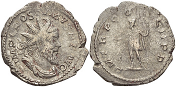 Римская Империя (императоры в Галлии) антониниан 261 Постум. IMP C POSTVMVS P F AVG / P M TR P COS II P P, император в военном доспехе, держит копье и сферу, Августа Треверов, Very fine RIC 54 биллон 1073-12-51