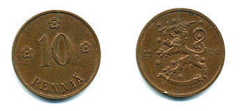 Финляндия 10 пенни 1924 республика (1918-1962) KM 24 медь 46-1925