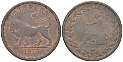 Великобритания 1/2 пенни 1813 Лев, гурт гладкий Withers 610 медь 4511-354