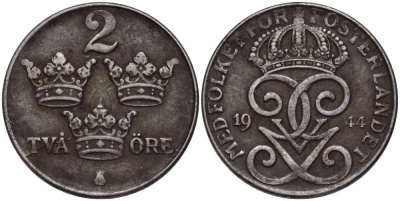 Швеция 2 эре 1944 Густав V (1907-1950) KM 811 железо 27-546