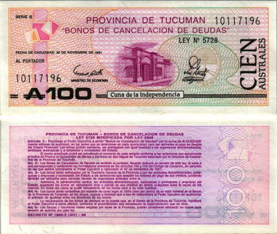 АРГЕНТИНА 100 АУСТРАЛЕЙ 1991 ПРОВИНЦИЯ TUCUMAN Pick S2715 бумага UNC (ПРЕСС) 6352-18-4-2