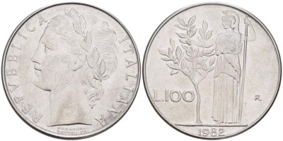 ИТАЛИЯ 100 ЛИР 1982 R, АФИНА, ДИАМЕТР 28 ММ. KM 96.1 нержавеющая сталь 4531-113