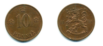 Финляндия 10 пенни 1924 республика (1918-1962) KM 24 медь 46-1925