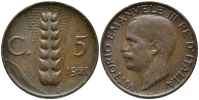 ИТАЛИЯ 5 ЧЕНТЕЗИМО 1921 R, ВИКТОР ИМАНУИЛ, КОЛОС KM 59 медь 100-534