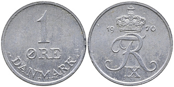 ДАНИЯ 1 ЭРЕ 1970 C; S, ФРЕДЕРИК IX (1947-1972) KM 839.2 цинк 100-666