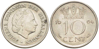 НИДЕРЛАНДЫ 10 ЦЕНТОВ 1964 ЮЛИАНА (1948-1980) KM 182 никель 214-1214