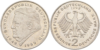 ФРГ 2 марки 1992 G , Франц Йозеф Штраус, 40 лет Федеративной Республике (1949-1989) KM 175, J. 450 медно-никель плакированный никелем 4168-516