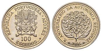 Португалия, Азорские острова 100 эскудо 1986 10 лет автономии Азорских островов KM 45 медно-никель UNC 3334-345