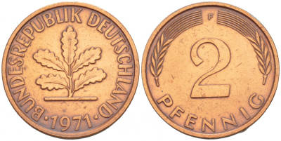 ФРГ 2 ПФЕННИГА 1971 F KM 106a, J.381a сталь плакированная сталь плакированная медьюю 4532-1259