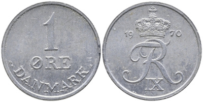 ДАНИЯ 1 ЭРЕ 1970 C; S, ФРЕДЕРИК IX (1947-1972) KM 839.2 цинк 100-666