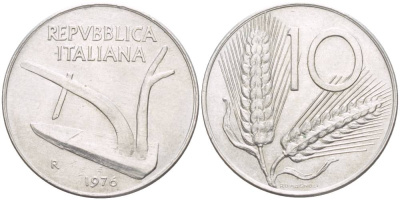 ИТАЛИЯ 10 ЛИР 1976 R, КОЛОСЬЯ, ПЛУГ KM 93 алюминий 4551-223