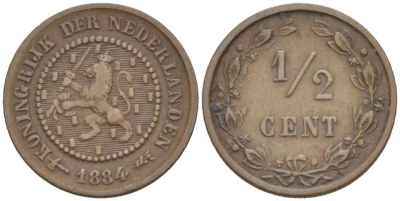 НИДЕРЛАНДЫ 1/2 ЦЕНТА 1884 ВИЛЛИАМ III (1849-1890) KM 109 бронза 4547-1233