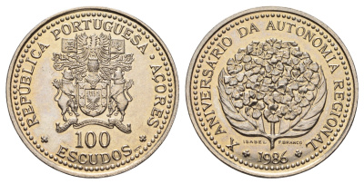 Португалия, Азорские острова 100 эскудо 1986 10 лет автономии Азорских островов KM 45 медно-никель UNC 3334-345