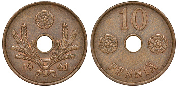 Финляндия 10 пенни 1941 KM 33.1 медь 51-3444