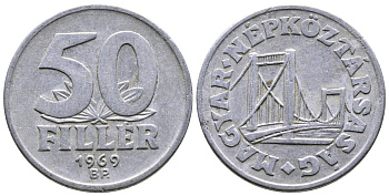 Венгрия 50 филлеров 1969 BP мост Елизаветы в Будапеште KM 574 алюминий 25-2442