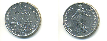 Франция 1/2 франка 1965 сеятель KM 931, Le Franc 198.3 никель 83-323