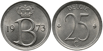 Бельгия 25 сантимов 1973 Belgie, Бодуэн I (1951-1993) KM 154.1 медно-никель 99-361