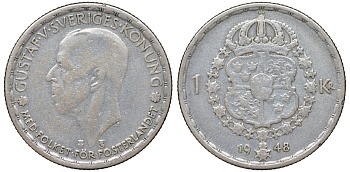 Швеция 1 крона 1948 TS, Густав V (1907-1950) KM 814 серебро 4178-723