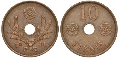Финляндия 10 пенни 1941 KM 33.1 медь 51-3444