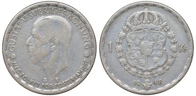 Швеция 1 крона 1948 TS, Густав V (1907-1950) KM 814 серебро 4178-723