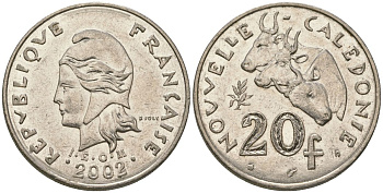 Французская Новая Каледония 20 франков 2002 три быка, (IEOM) KM 12, Schoen 14, Lec 115f никель 81-521