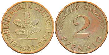 ФРГ 2 ПФЕННИГА 1962 F KM 106, J.381 бронза 3718-359