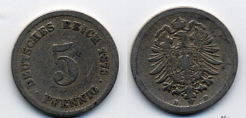 ГЕРМАНИЯ 5 ПФЕННИГОВ 1876 D, СТАРОГЕРБОВКА KM 3, J.3 медно-никель 46-521