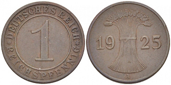 ГЕРМАНИЯ 1 РЕЙХСПФЕННИГ 1925 A KM 37 J. 313 бронза 116-755