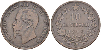 ИТАЛИЯ 10 ЧЕНТЕЗИМО 1866 OM, МОНДВОР СТРАСБУРГ, ВИКТОР ЭММАНУИЛ II (1861-1878) KM 11.5 медь 4526-734
