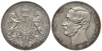 Брауншвейг-Каленберг-Ганновер 1 талер 1866 В, Георг V (1851-1866) КМ 230, AKS 144, Dav. 682, Kahnt 239, Thun 174 серебро aUNC 00-819-62