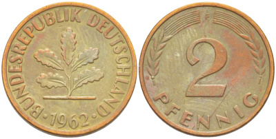 ФРГ 2 ПФЕННИГА 1962 F KM 106, J.381 бронза 3718-359